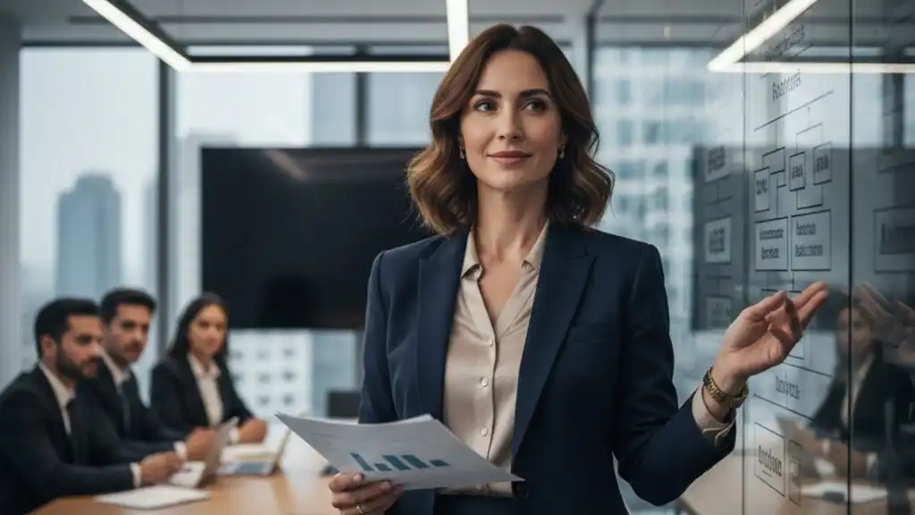 Profesional liderando equipo directivo en sesión de planeación estratégica con enfoque en Pensamiento estratégico