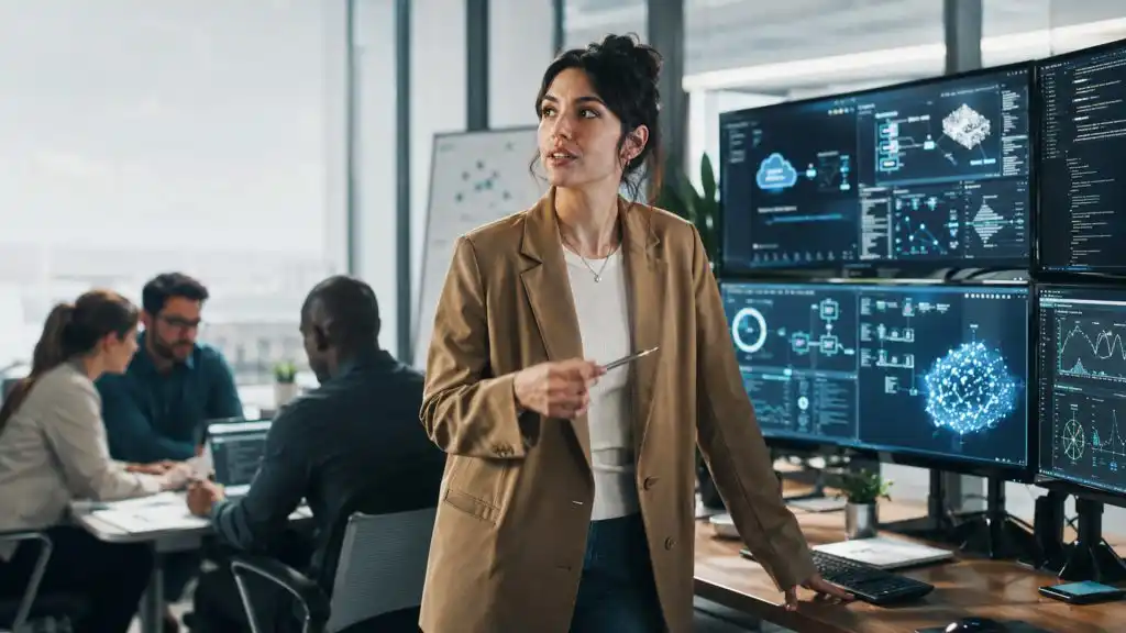 Ingeniero de software integra inteligencia artificial en una aplicación mientras revisa código y modelos de lenguaje.