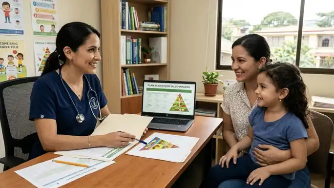 Profesional en nutrición infantil diseña un plan alimenticio que preserva la salud integral de niños y niñas. 