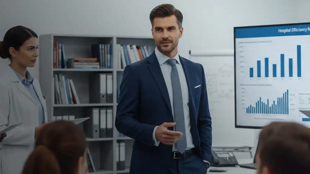 Profesionales analizando indicadores de servicios médicos en la administración hospitalaria